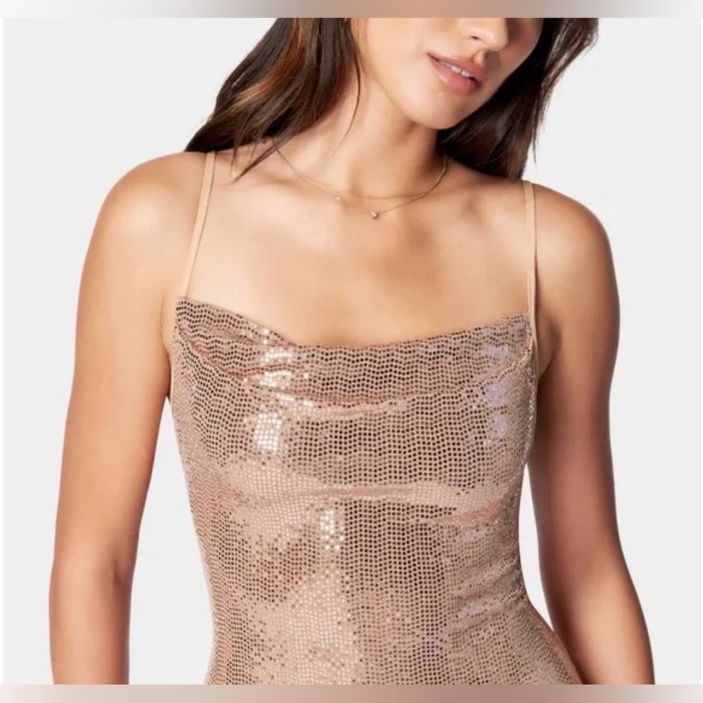 NWT BEBE SZ XS ROSE GOLD Cowl Neck Metallic Sequin Mini Dress
